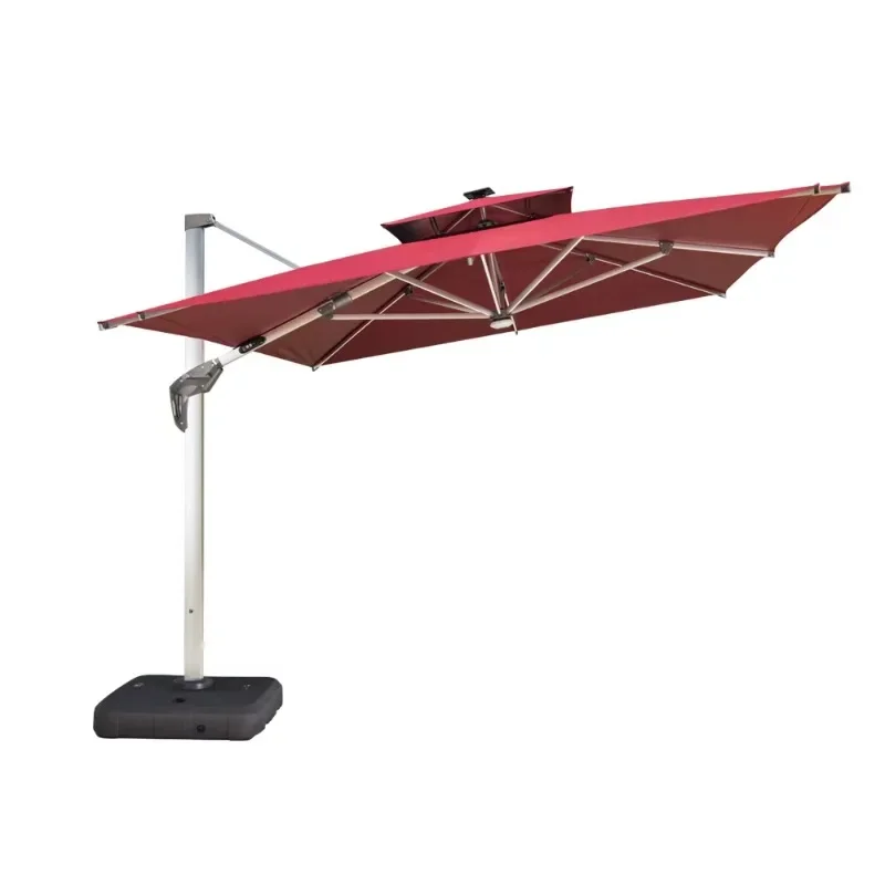 Cantilever Umbrella 12ft Sun Umbrella and Base Light Emitting Diode Parasol Patio Outdoor Garden Outdoor Furniture Umbrella Natu