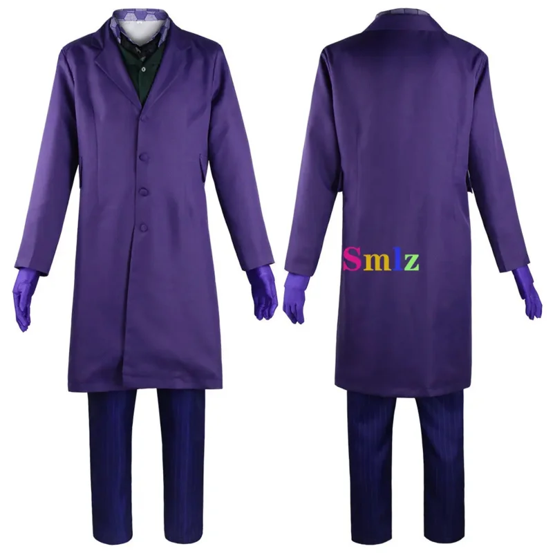 Heath Ledger Cosplay Suit Halloween Men Movie Knight Joker Costume Purple Jacket Trench Vest Pants Full sets