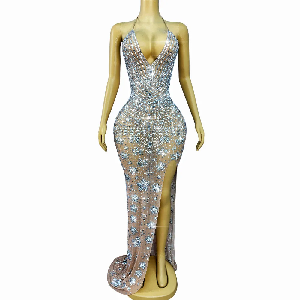 Luxo sexy strass vestidos de noite com decote em v sem costas alta divisão malha vestido feminino cocktail festa de formatura casamento palco wear