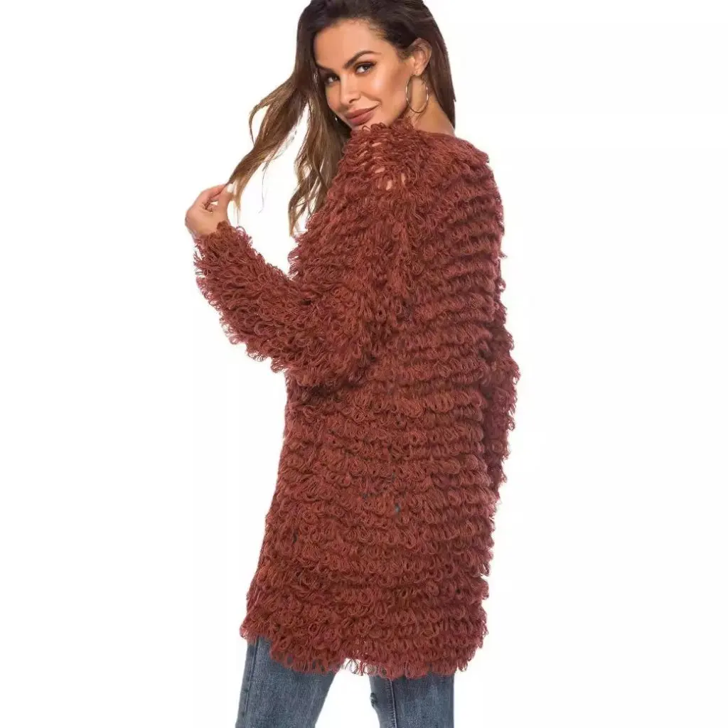 Women's V-neck Long Cardigan Sweater Hand Hook Flower Loop Wool Sweater European And US Style 6010