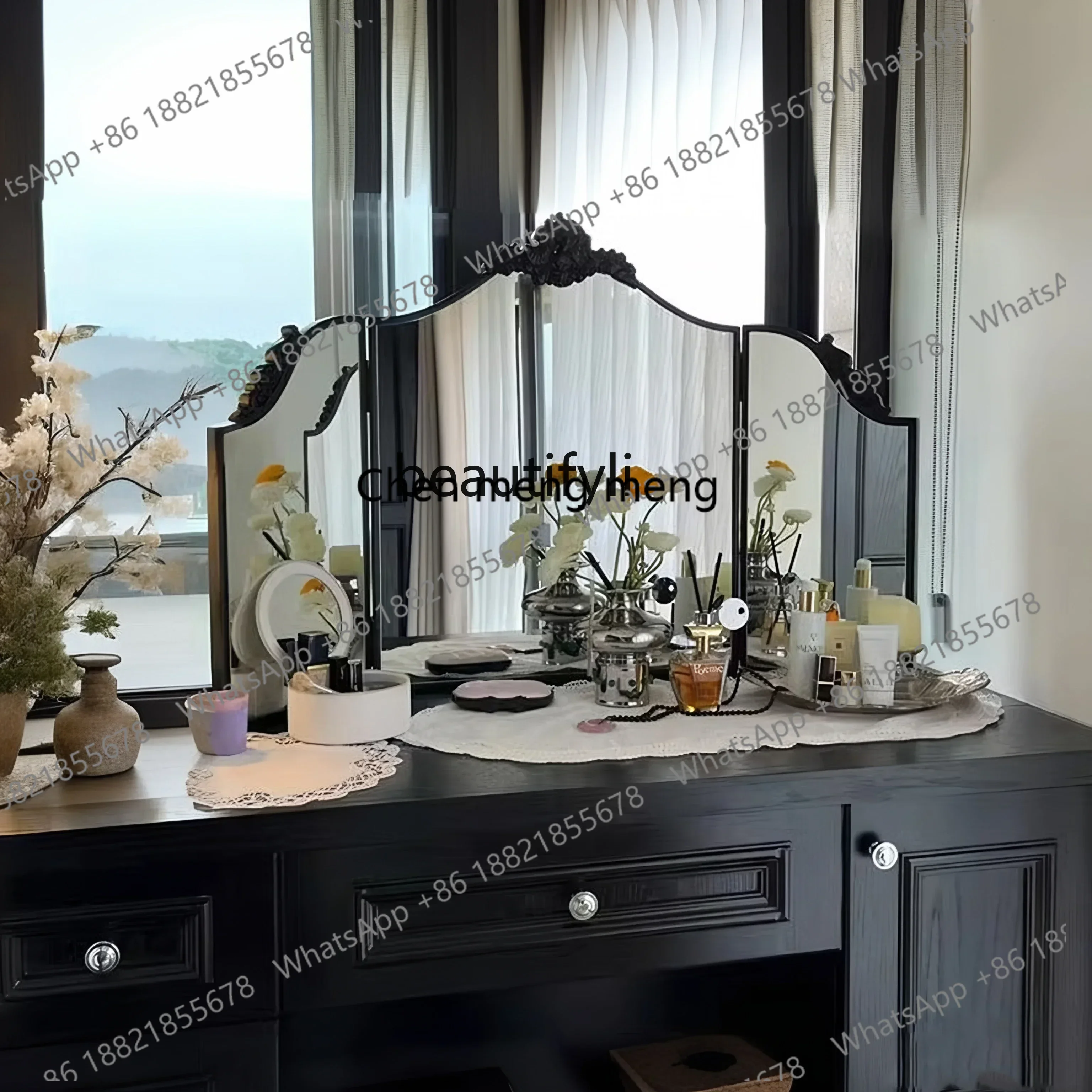 xx1European retro carved dresser makeup mirror desktop tri-fold mirror living room bedroom decorative mirror