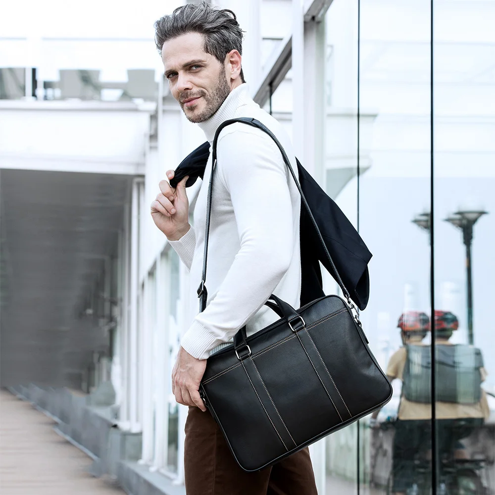 Sac d'ordinateur portable en cuir véritable pour hommes, étui Bombes, sac messager lancé, dossier exécutif, sacs à main d'affaires, 14 pouces, 7612