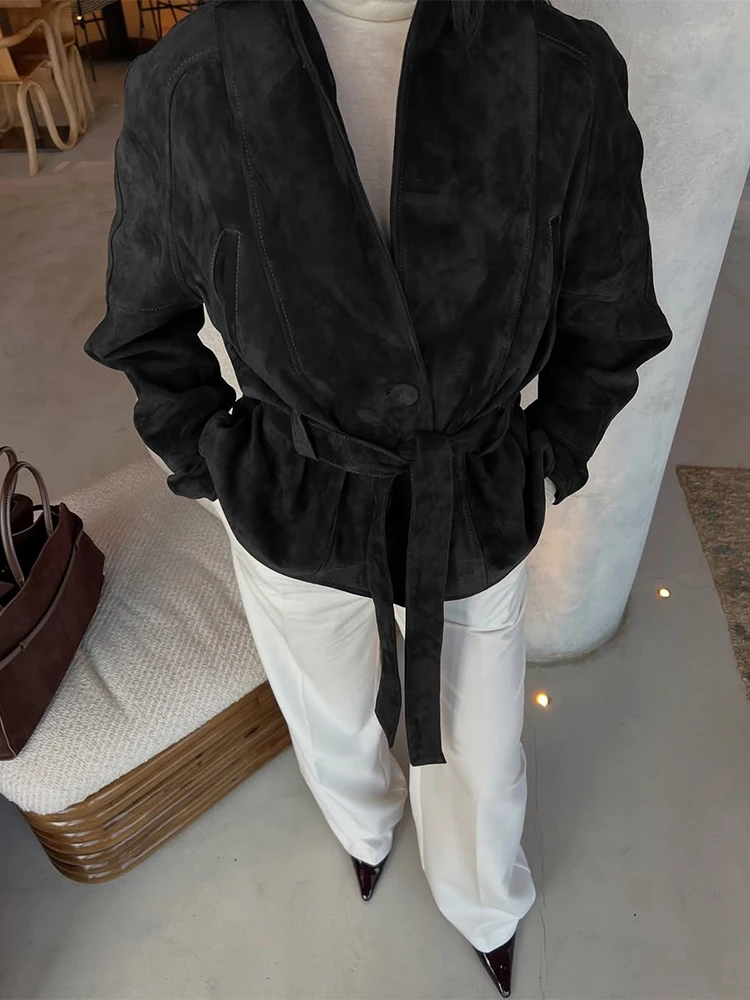 Trendix Retro Suede Jacket Femme 2025 Autumn Fashion Lace Up V Neck Long Sleeve Cardigan Coat Winter New Commute Outerwear Women