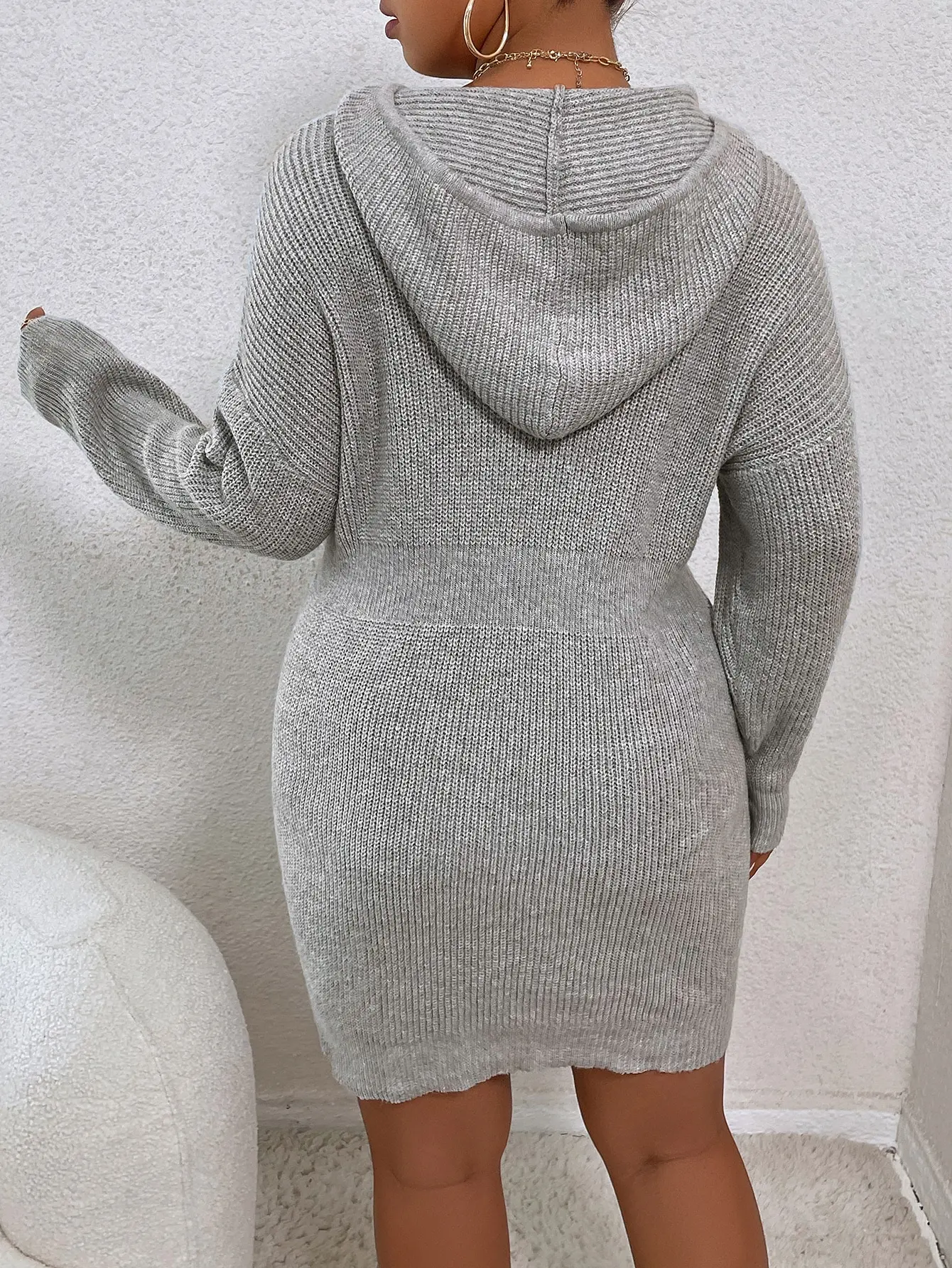 Plus size Damski sweter z dzianiny Casualowa mini sukienka z długim rękawem i kapturem ze sznurkiem