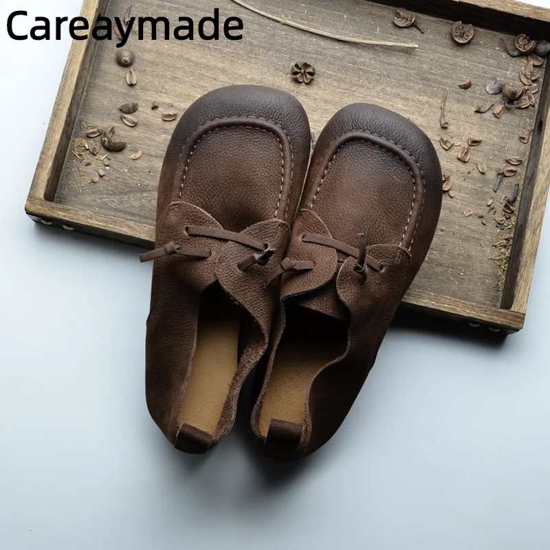 Careaymade-Genuine Leather Handmade Original Retro Round Toe Shoes Women\'s Flat Bottom Soft Sole Elastic Fit Art Single Shoes