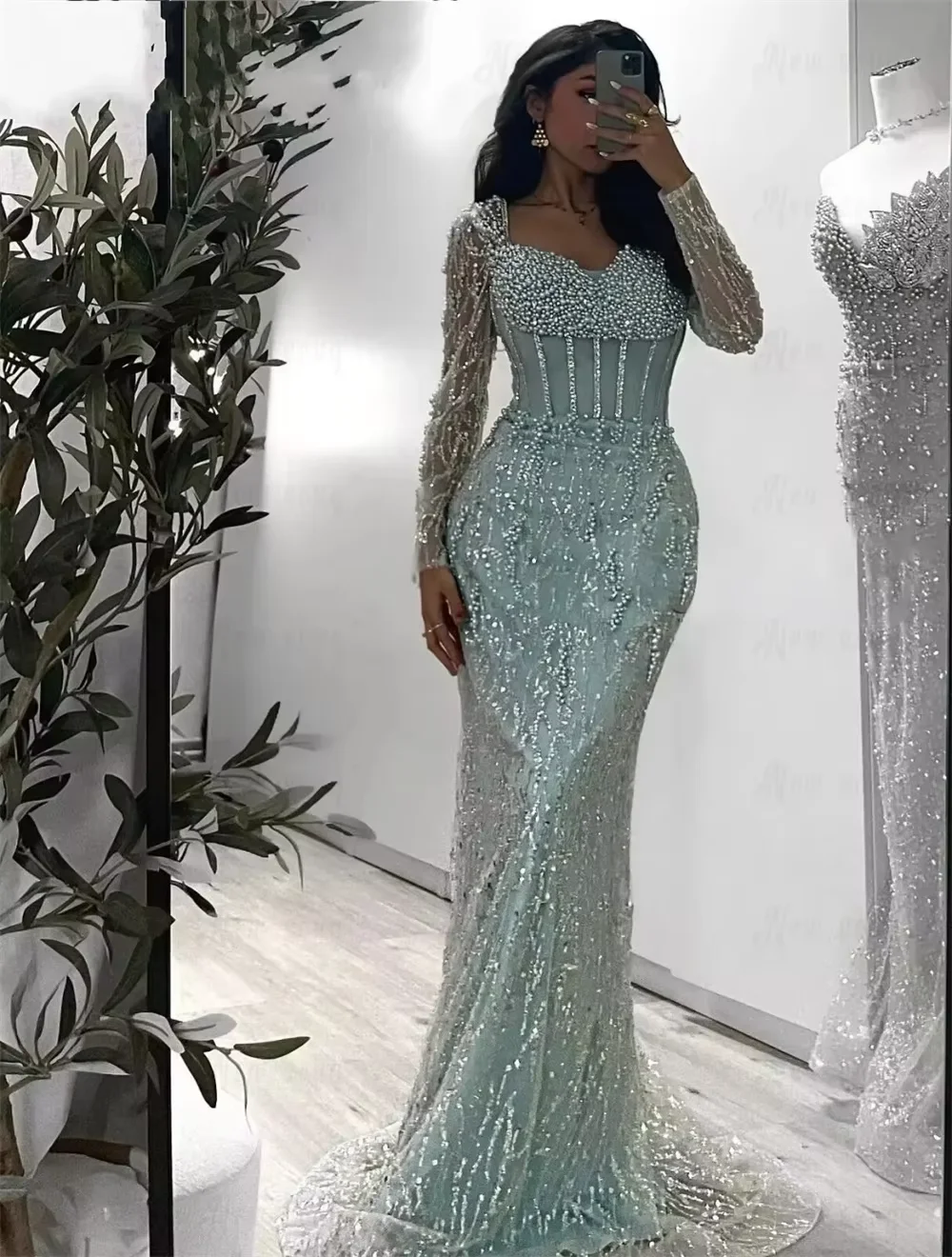 Contessa Custom Luxe Mintgroen Zeemeermin Avondjurk Lange Mouw Korset Zware Kralen Parels Dubai Prom Dress Formeel Feest