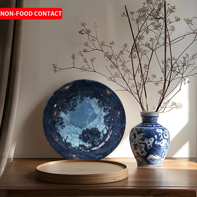 1pc Non-Food Contact Celestial Tree Silhouette Ceramic Decorative Plate - Round Artistic Home Wall Decor, Nordic Style for