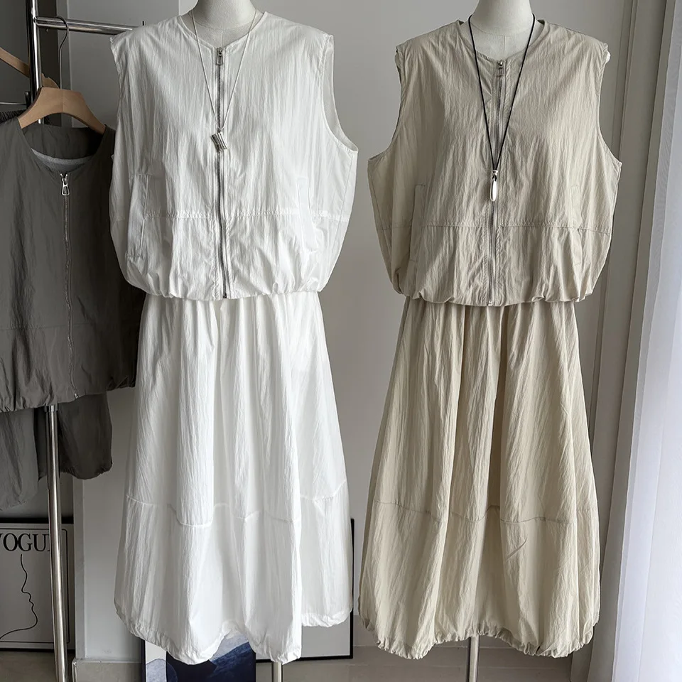 

White Blossom Casual round Neck Vest And Midi Skirt Set Women's Fashion Summer Outfit High Waist Color Two-Piece Suit