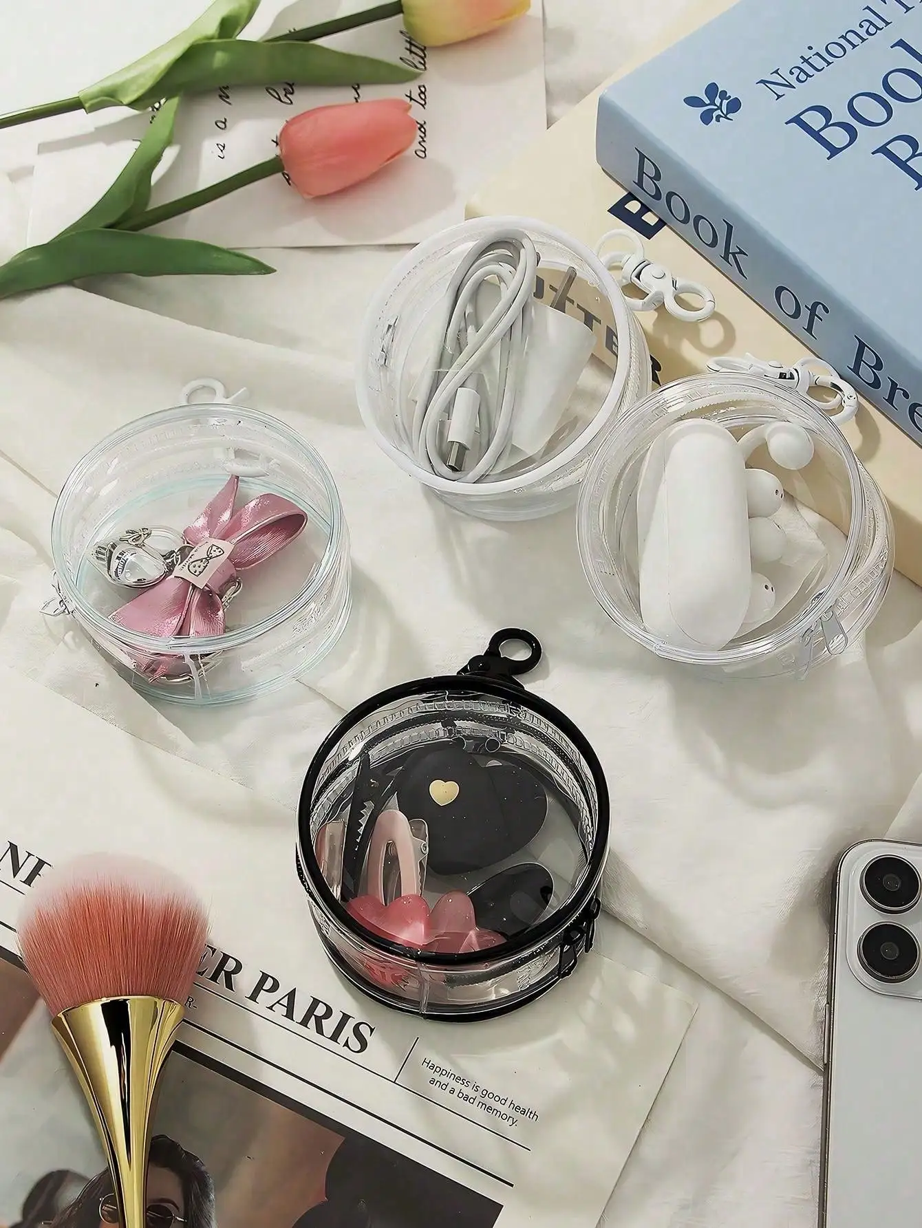 Transparent round PVC Storage Bag Ladies Mini Makeup Bag Waterproof Cosmetic Bag with Key Holder Lipstick Card Data Cable Organi