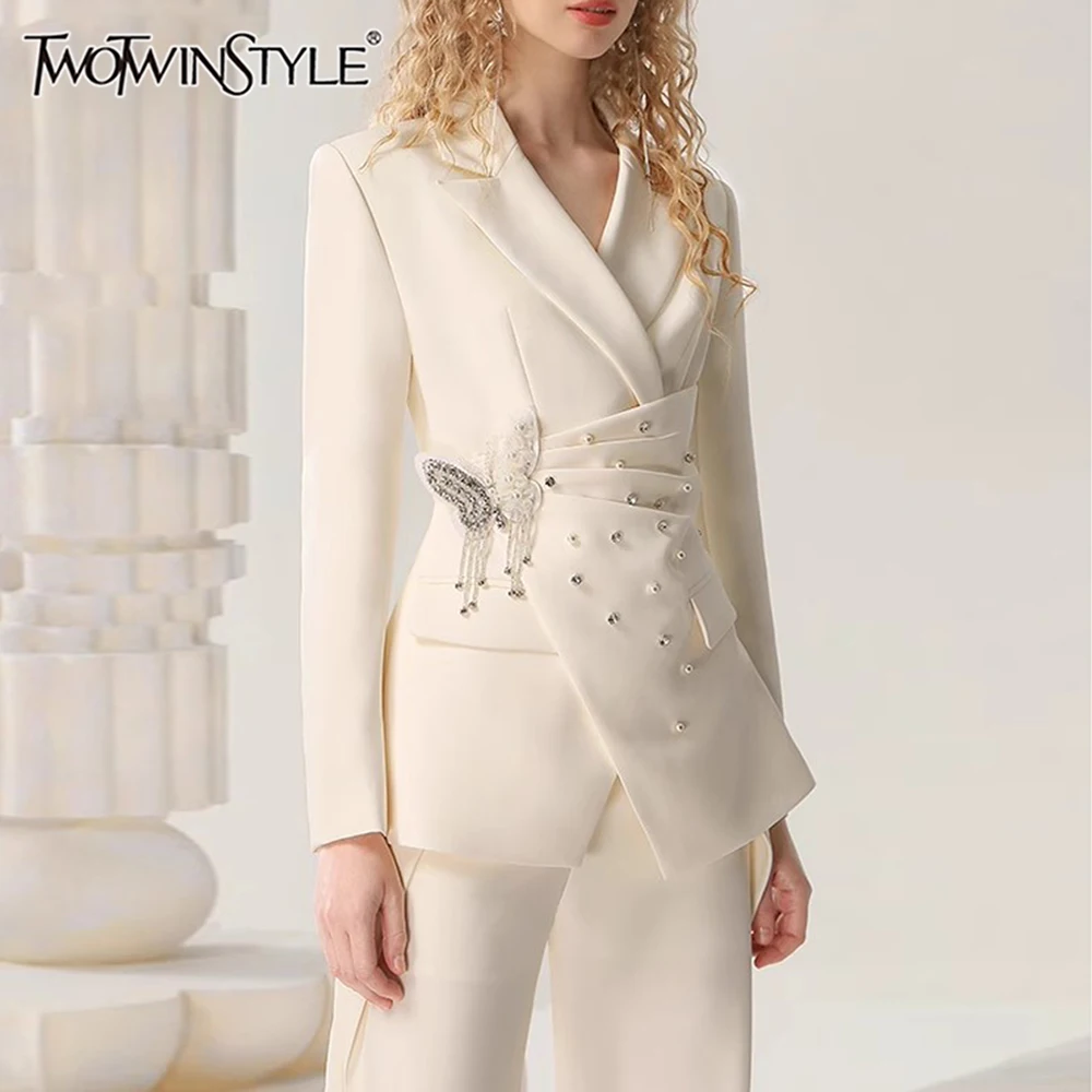 

TWOTWINSTYLE Solid Slimming Spliced Bead Fashion Coat for Women Lapel Long Sleeves Patchwork Applique Jacket Female Clothing New