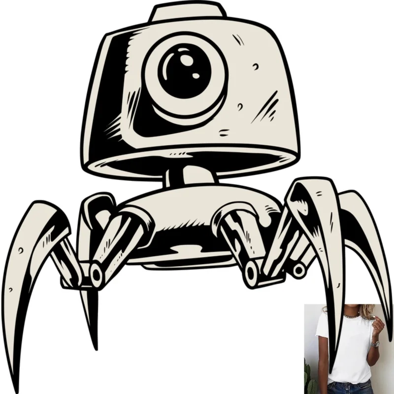 Fashion Street Style Mechanical Spider Robot Heat Transfer White Ink Iron - on Patch, Suitable for T - shirts/Canvas Bags,
