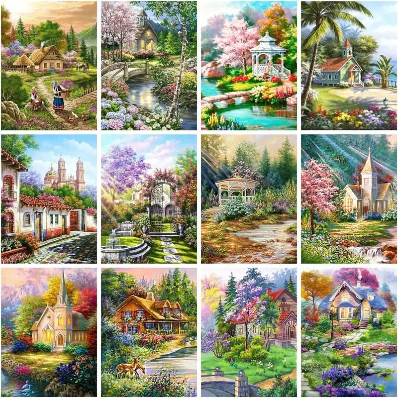 

CHENISTOR 5d Diamond Painting Round Square Rhinestones Forest House Scenery Diamond Embroidery Cross Stitch Mosaic Landscape Hob