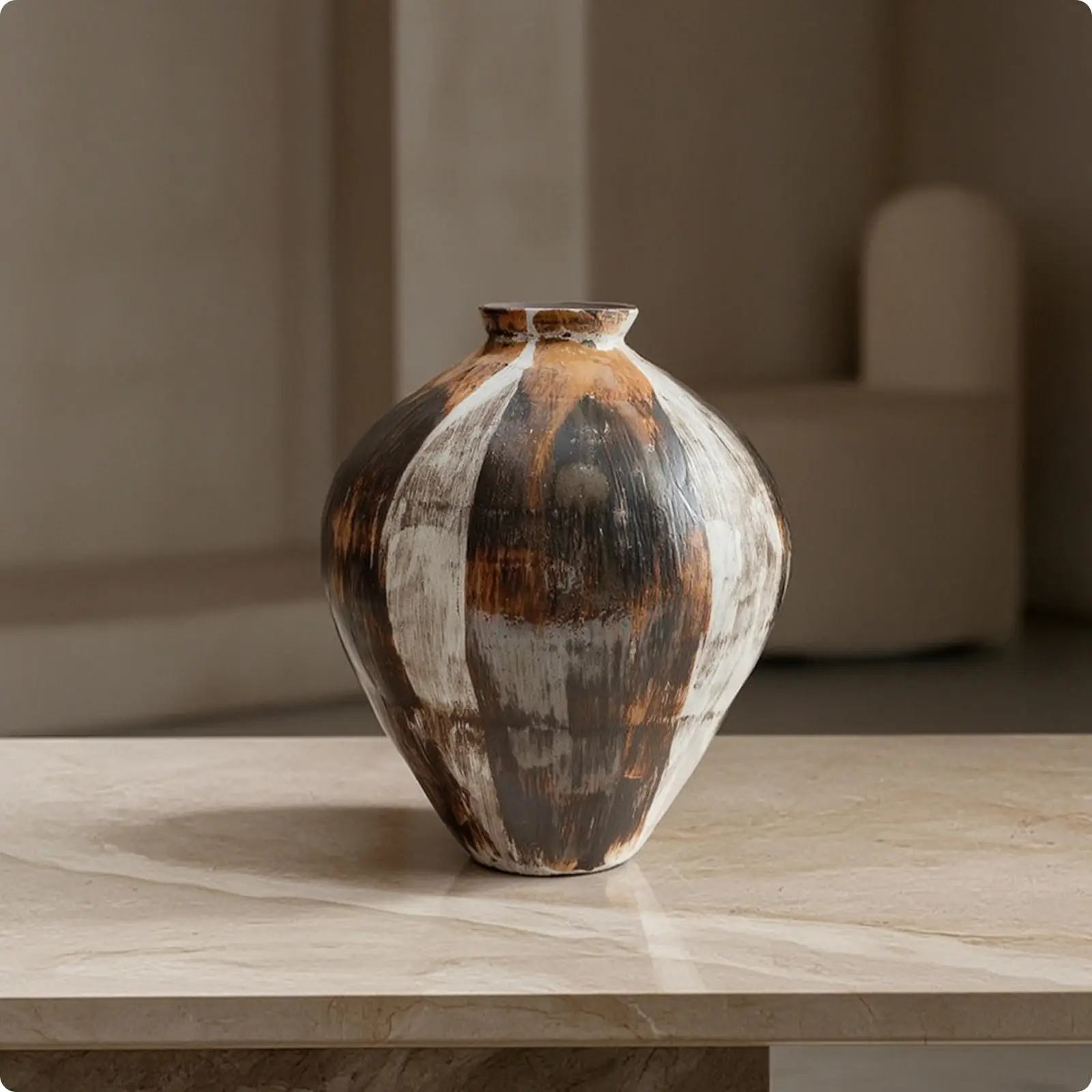 Sculptural Ceramic Vase Warm Orange Brown Patina Art for Living Room Tabletop Flower Arrangement Decor