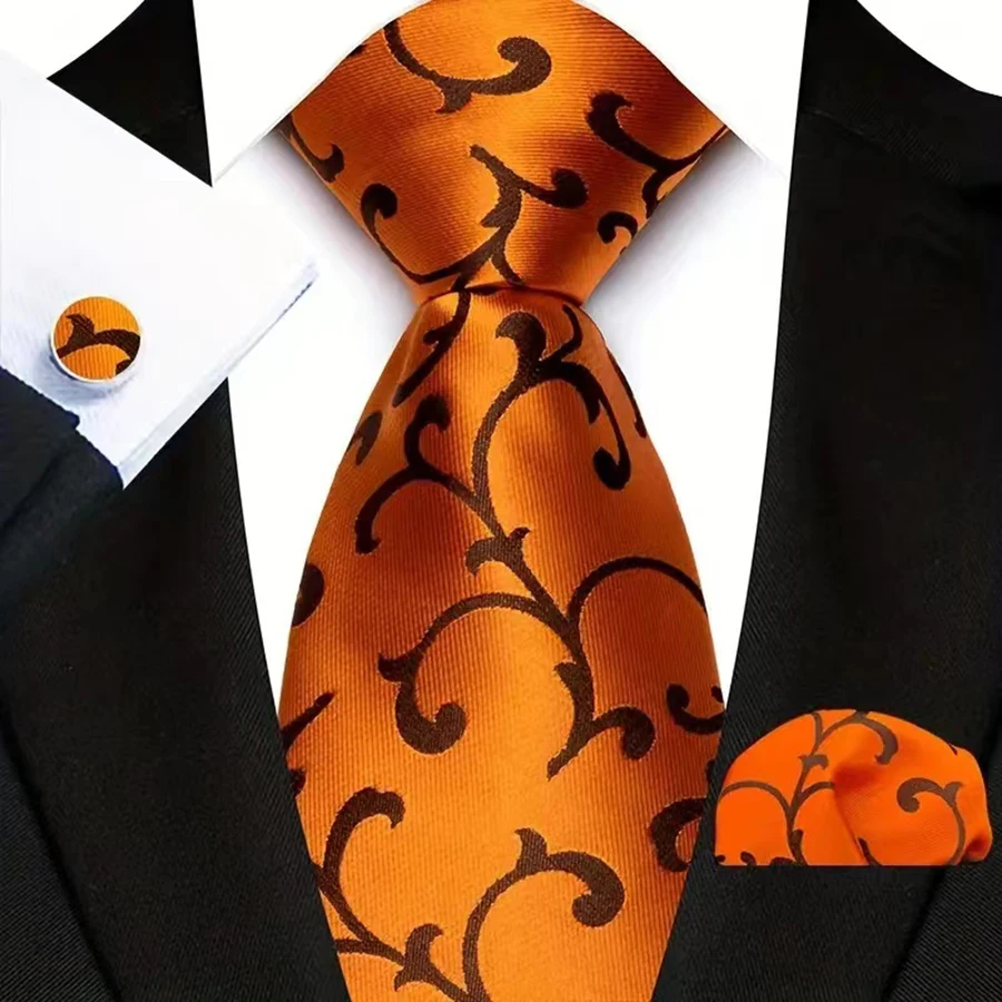 3Pcs Orange Brown Mens Tie Hanky Cufflinks Set Gold Coffee Jacquard Designer 8cm Necktie For Male Wedding Business Party Gift