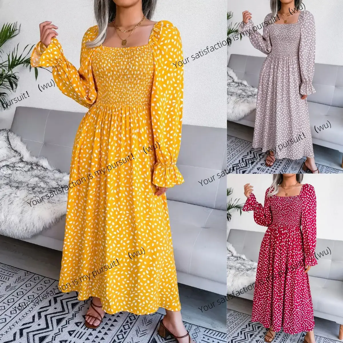 

European and American polka dot ruffle skirt, autumn and winter square collar long-sleeved dress