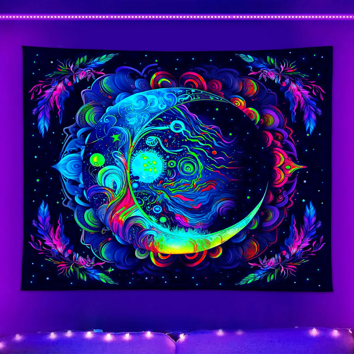 1pc UV responsive moon tapestry, Bohemian fluorescent tapestry, mysterious moon phase, starry sky, universe aesthetic tapestry