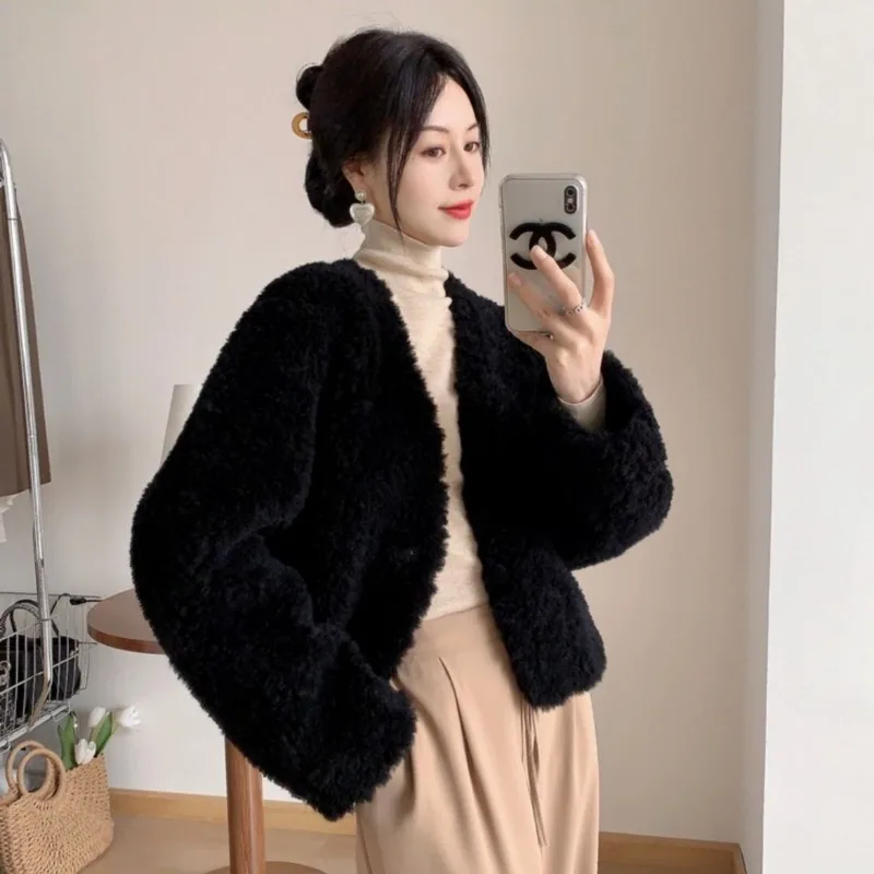 Women's Faux Fur Coat Fairy Fall Winter Coat Lamb's Wool Thicken Warm Short V-neck Simple Brand Fashion Harajuku Versatile
