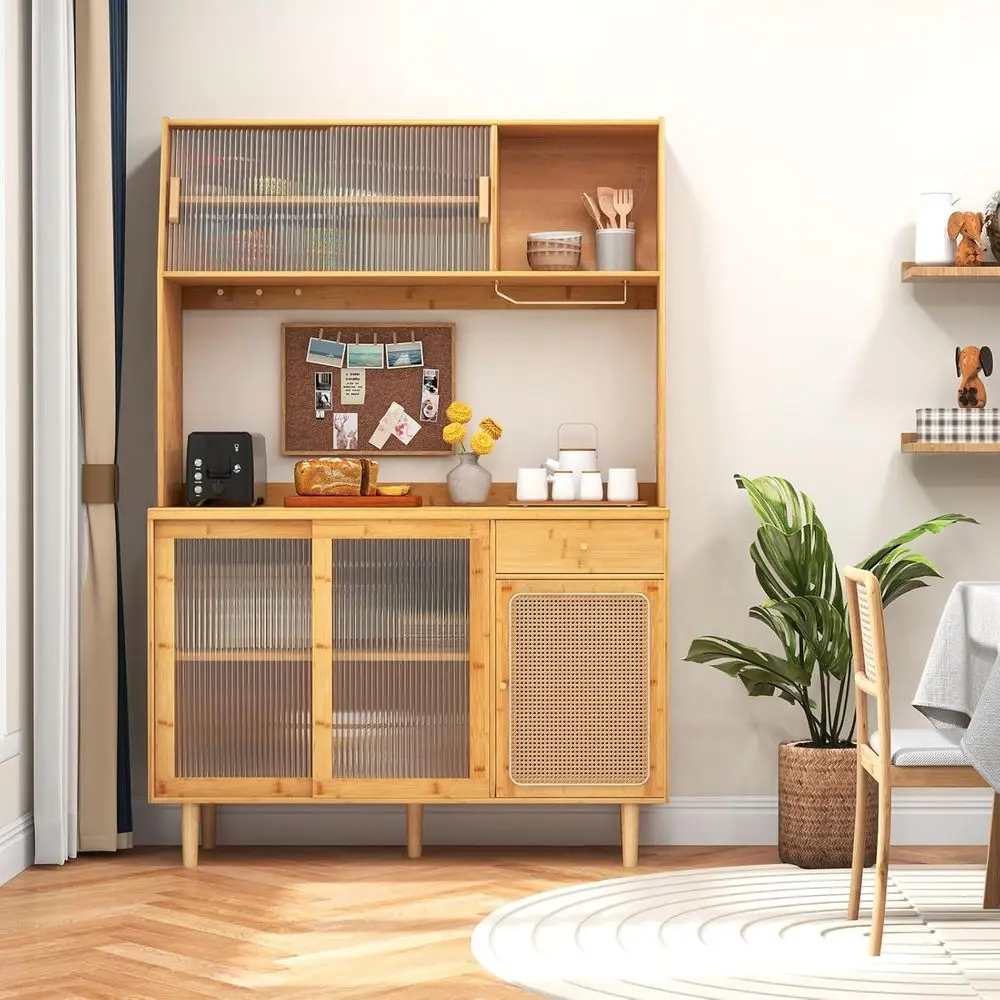 69 Bamboo Storage Hutch with Microwave Stand and Rattan-Door Sideboard for Kitchen Coffee Bar