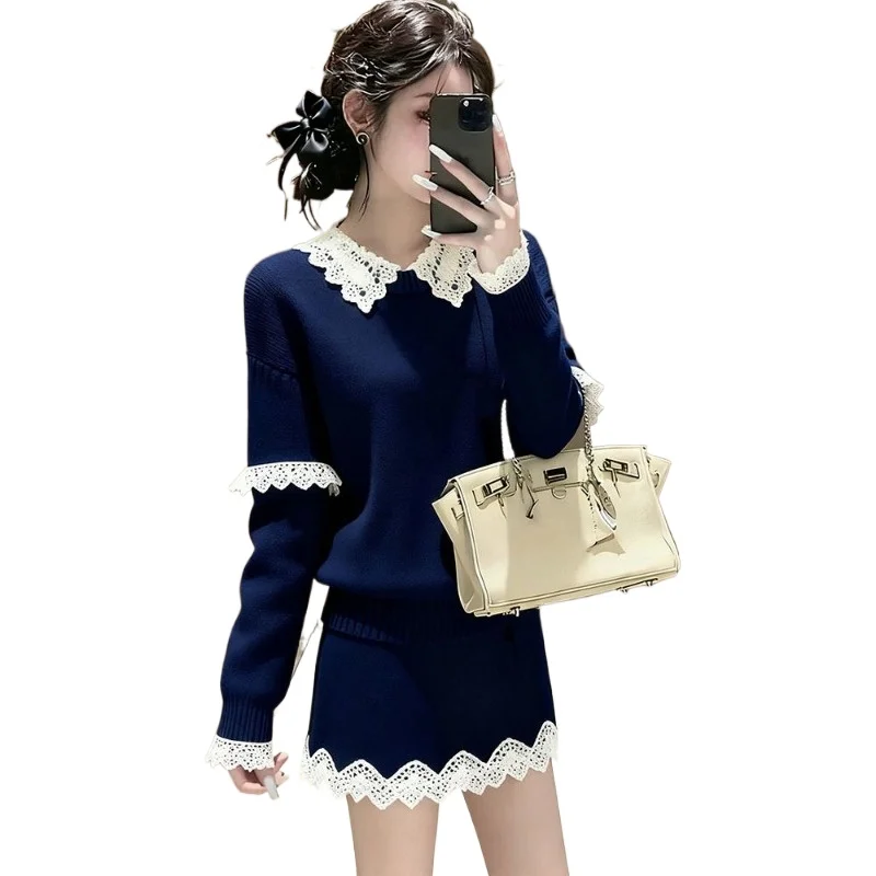 

New Lazy Style Stitchwork Lace Sweater Set Women's Fall & Winter Versatile Knit Top Skirt Two-Piece Set Age Reduction Commuting