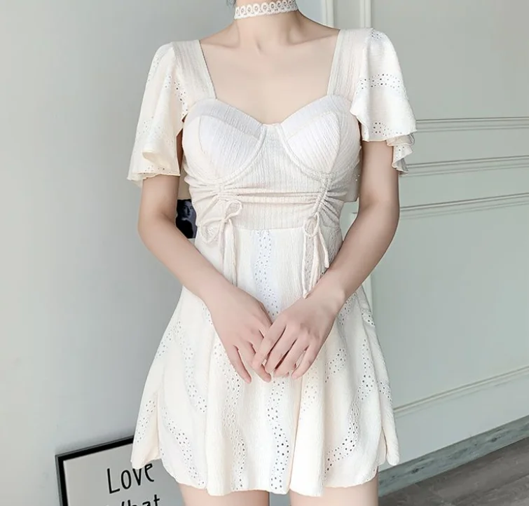 

Elegant Women's Dress One-Piece Steel Support Pleated Waist Soaking In Hot Springs Slimming Swimsuit Fairy Dress A-Line Dress