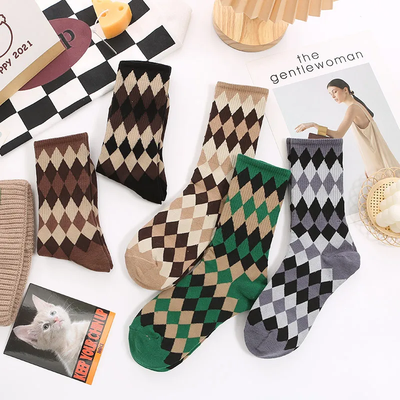Harajuku Vintage Socks Japanese College Style Retro Diamond Pattern Argyle Knitting Kawaii Sock Calcetines Mujer For Girl Meias
