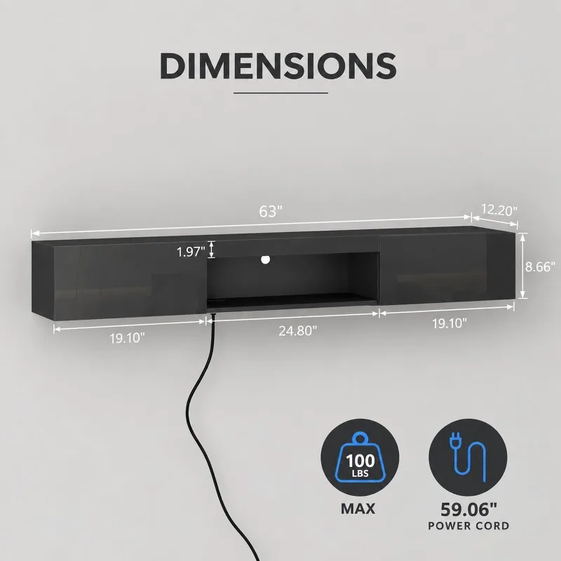 63 Inch Floating TV Stand Wall Mounted with 16 Color LED Lights Black