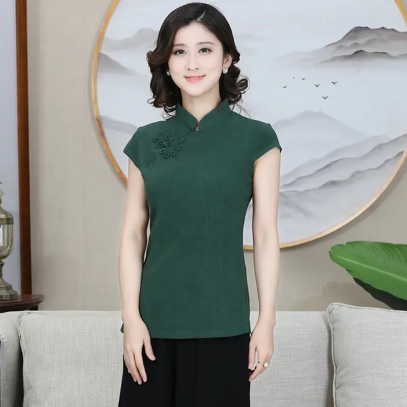 

Neo-Chinese Style Women Cheongsam Design Shirts Mandarin Collar Split Hem Cap Sleeve Slanted Placket Knot Button Linen Tops 2024