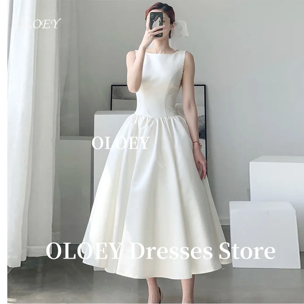

OLOEY Simple A Line Tea Length Wedding Party Dresses Scoop Neck Matte Satin Pearls Bridal Gowns Formal party Birthday Customized