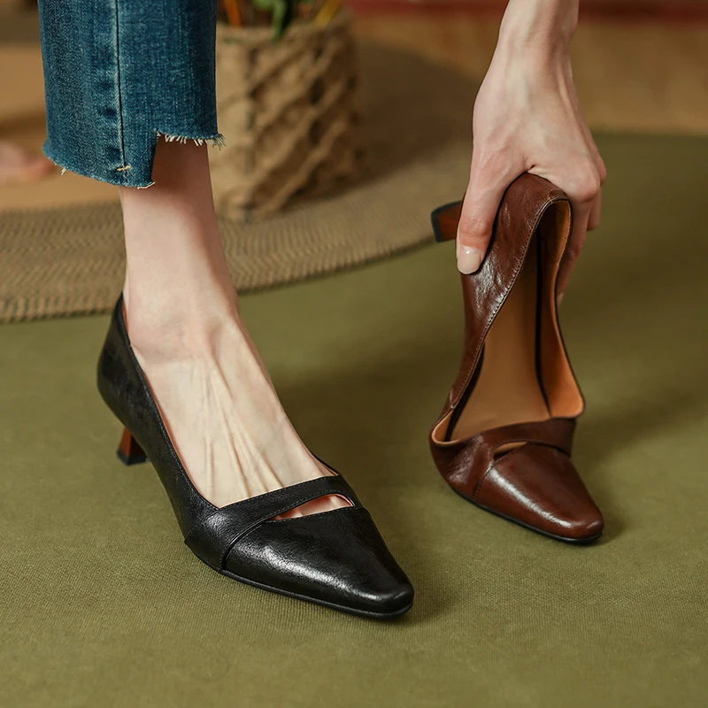 Spring Summer New Vintage Women Pumps Slip on Kitten Heels Cowhide Shoes Cozy Med Heels French Style Women Shoes on Heel 4.5 CM