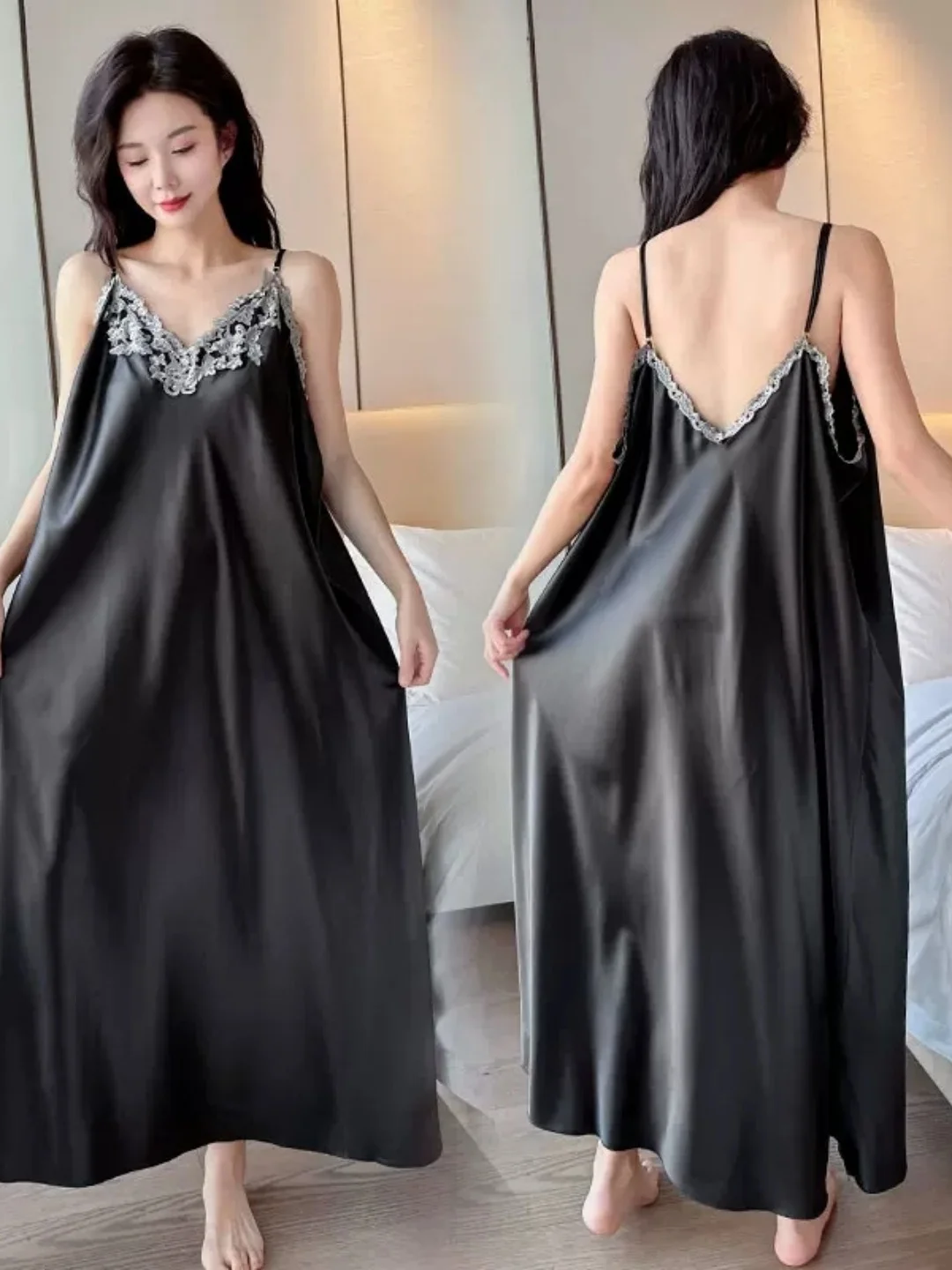 

Large Size Summer Ice Silk Long Over-Knee Strap Dress V-Neck Lace Trim Splice High-End Sensation Home Sleepwear Dress