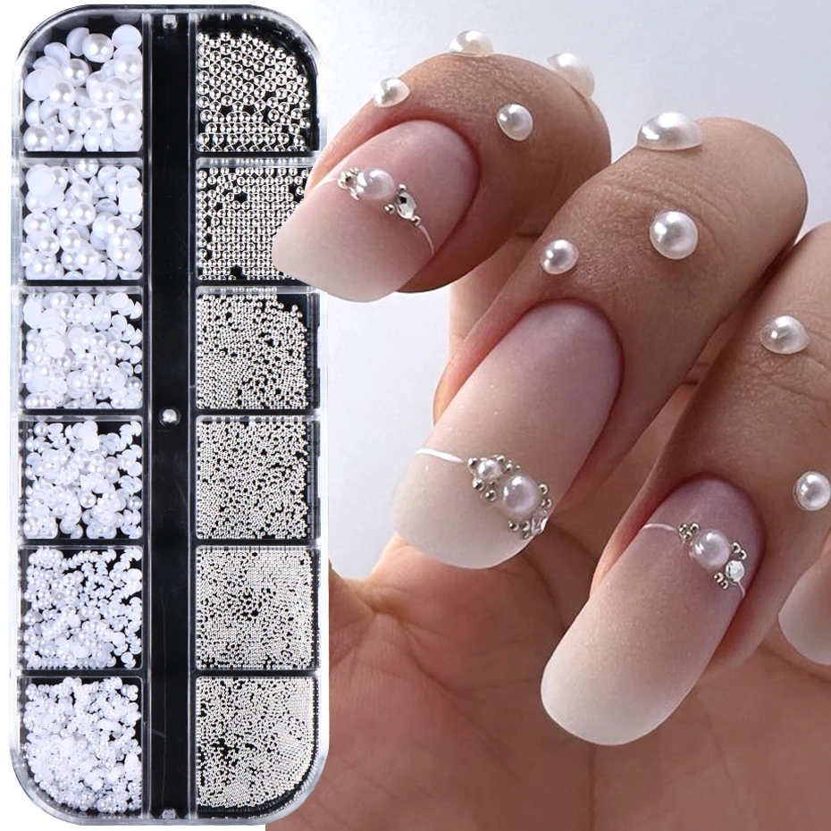 

12 Grids White Pearls Nail Charms Caviar Beads Decorations Half Pearls Nail Jewelry Parts DIY Ornaments Manicure Accessories