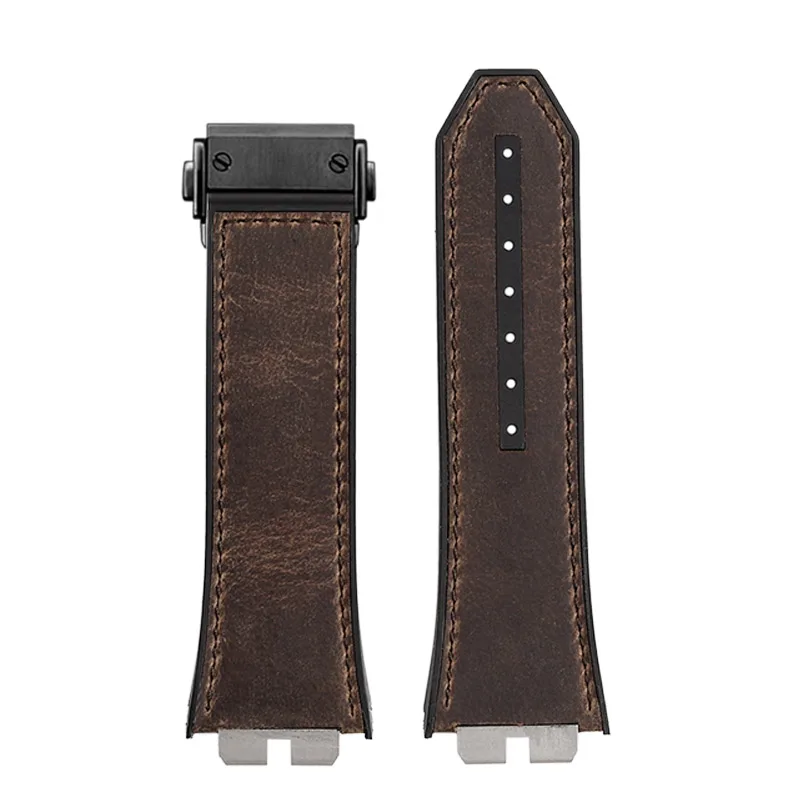 Quick Release Retro Genuine Leather +Fluoro rubber bottom Watchband For Hublot Big Bang 411 411 Men Strap Stainless steel joint