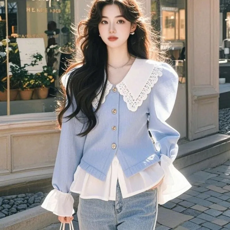 

2025 Autumn New Shirt Women Y2k Blue Striped Shirts & Blouses Fake Two Patchwork Blouses Peter Pan Collar Рубашка Blusas Mujer