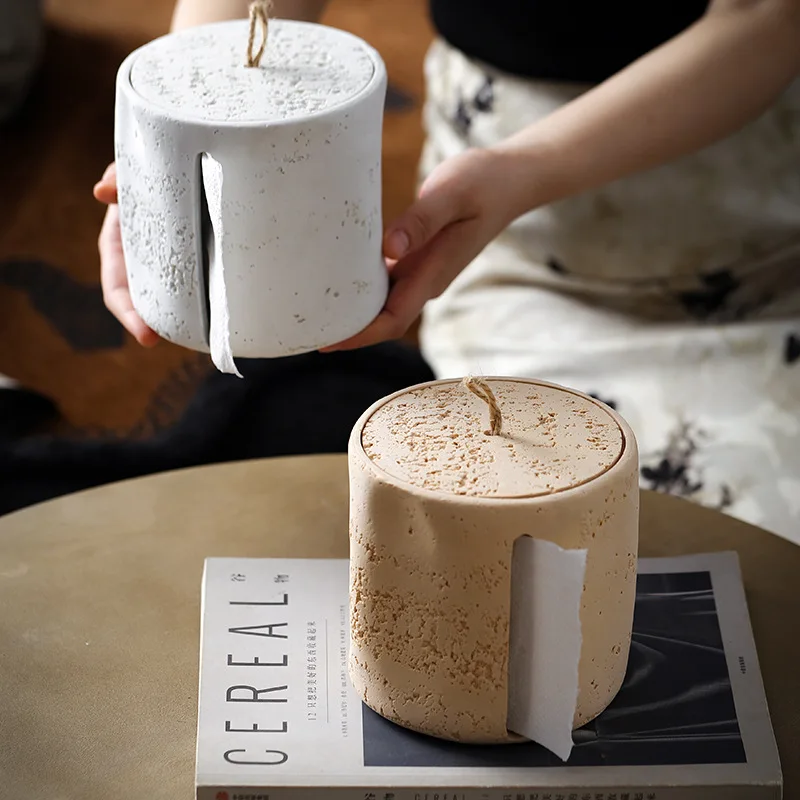 Light Luxury Travertine Toilet Paper Holder, Round Stone Bathroom Tissue Box, Eco-Friendly Sandstone Decor for Hotel & Showroom