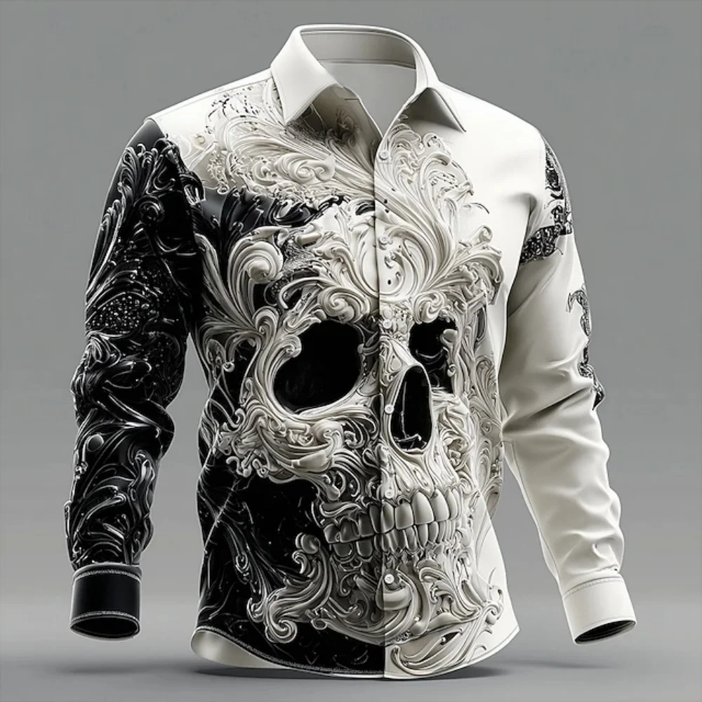 

Hip-Hop Skull Pattern Men's Streetwear Long-Sleeved Top Fashionable Trendy Graphic Tee Shirt Casual Loose Fit Gothic Clothing