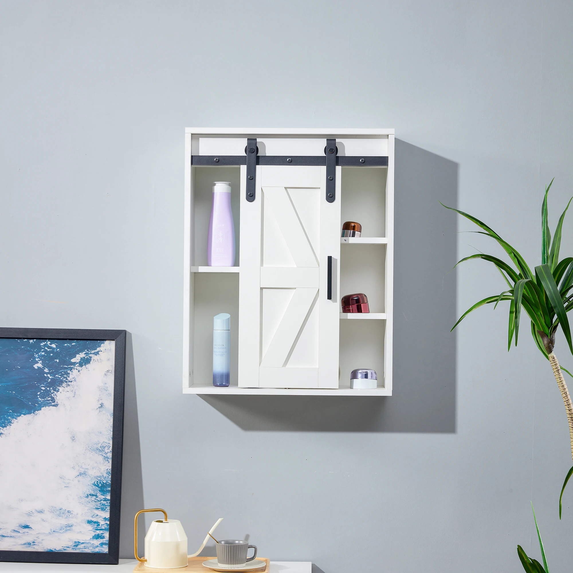 

Wood wall-mounted storage cabinet, 5-layer toilet bathroom storage cabinet, multifunctional cabinet with adjustable door, white