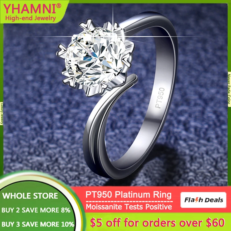 

YHAMNI 100% PT950 Platinum Rings Excellent Round Cut 1 Carat Diamond Moissanite Rings Women Wedding Band Fine Jewelry