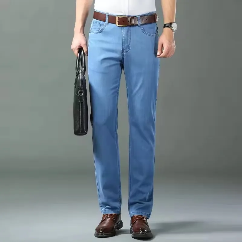 Classic Style Men's Stretch Straight Denim Jeans Summer Thin Business Casual Light Blue Black Trousers for Male