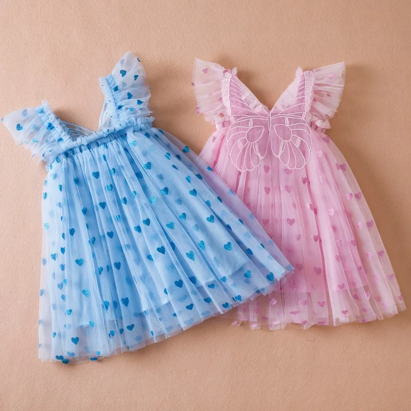 

Summer New Girls Love Print Mesh Fairy Dress Korean Version Flying Sleeve Three-dimensional Wings Princess Dress