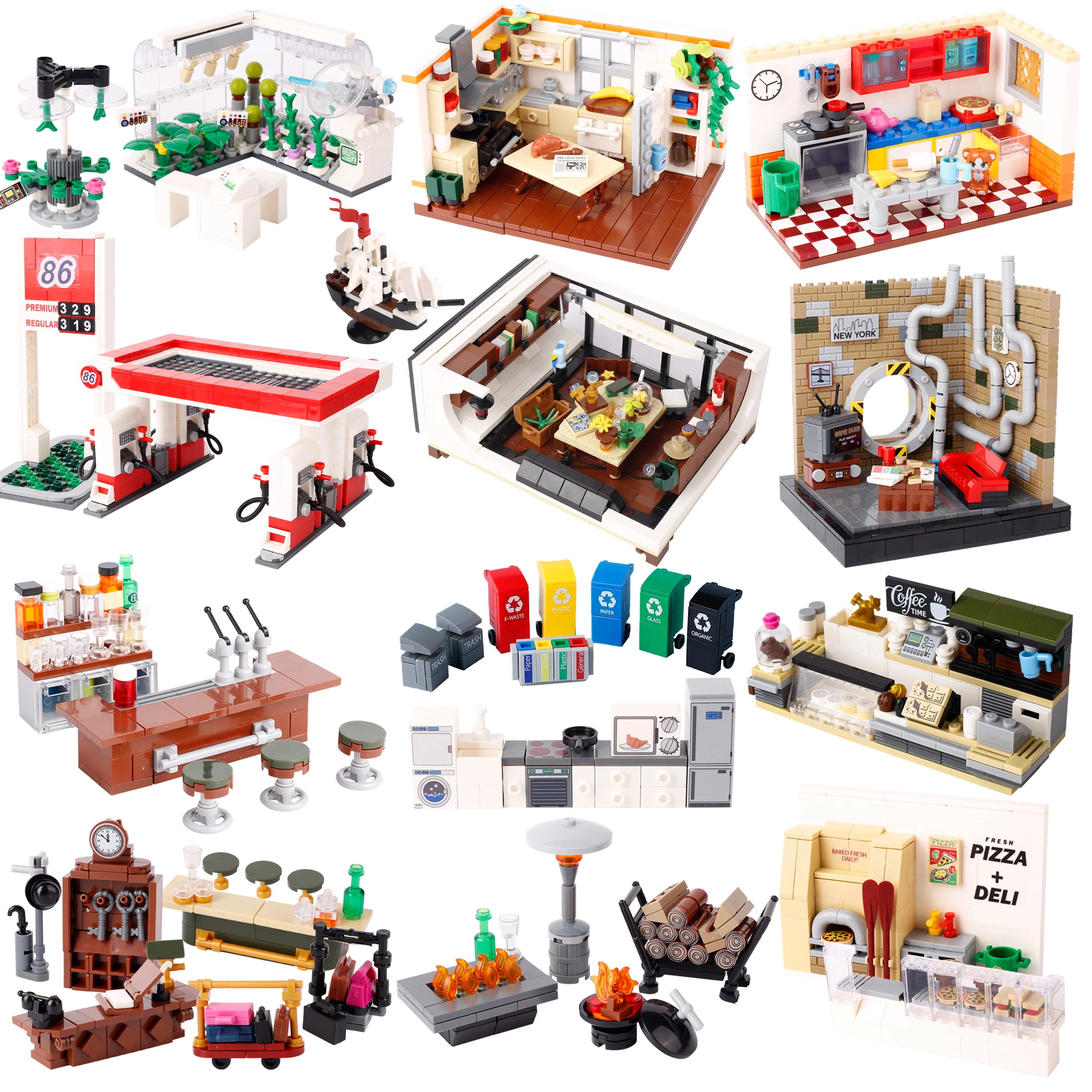 MOC City House-Kit de bloques de construcción para cocina, horno de Pizza para fogatas, Hotel, Café, alcantarillado, cubo de basura, Bar, Mostrador de ladrillos, juguetes de regalo