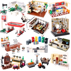 MOC City House Kitchen Room Building Blocks Kit Bonfire Pizza Oven Hotel Café  Sewer Trash Can Bar Counter Bricks Toys Gift