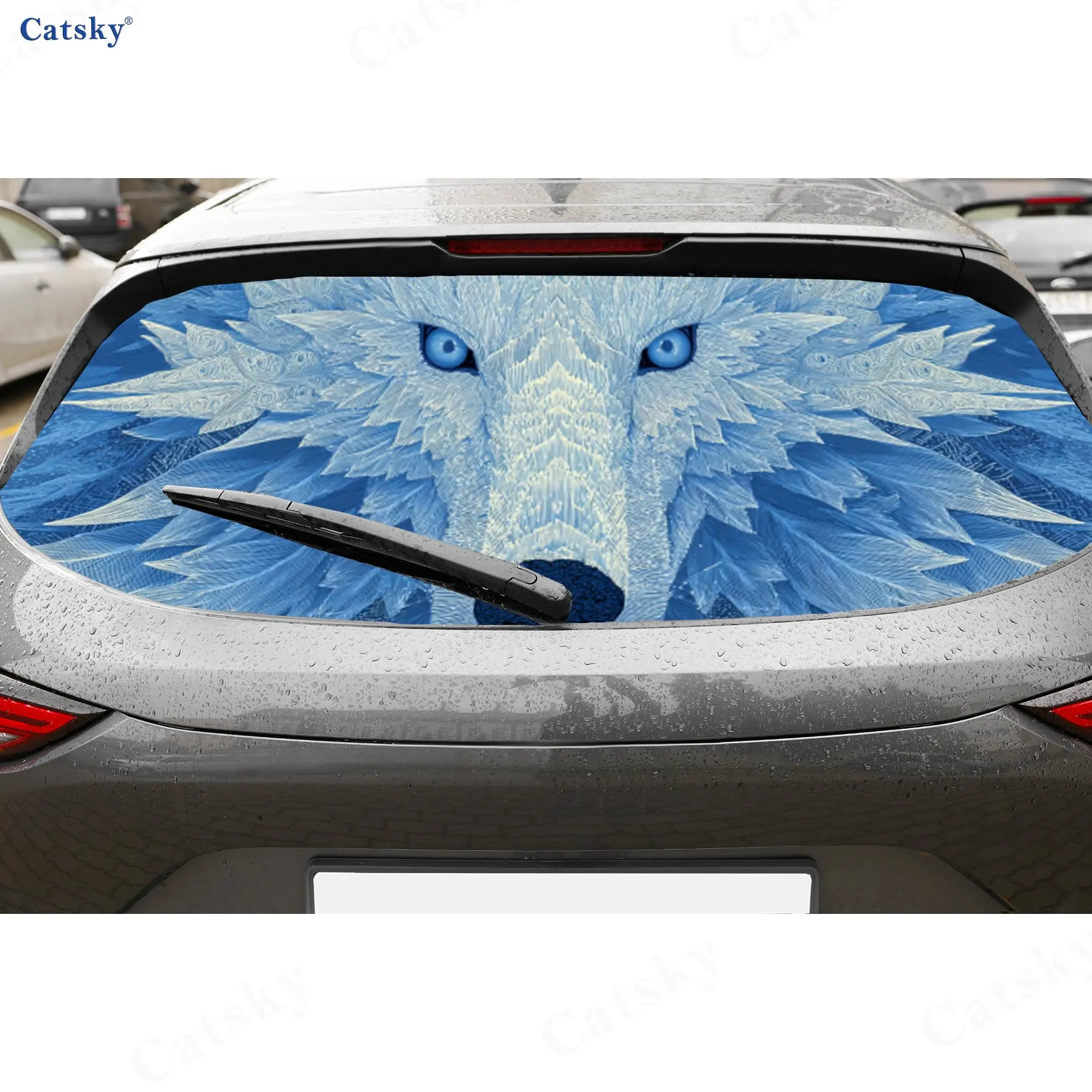 

Ice Wolf Blue-Eyed Ice Cold PVC Perforated Car Vinyl Wraps, Durable Car Rear Windshield Sticker, Waterproof Car Rear Window Deca