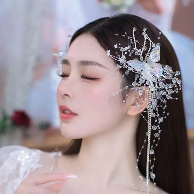 European and American rhinestone handcrafted crown with butterfly fringes and pearl-tipped hairband for wedding hair accessory,
