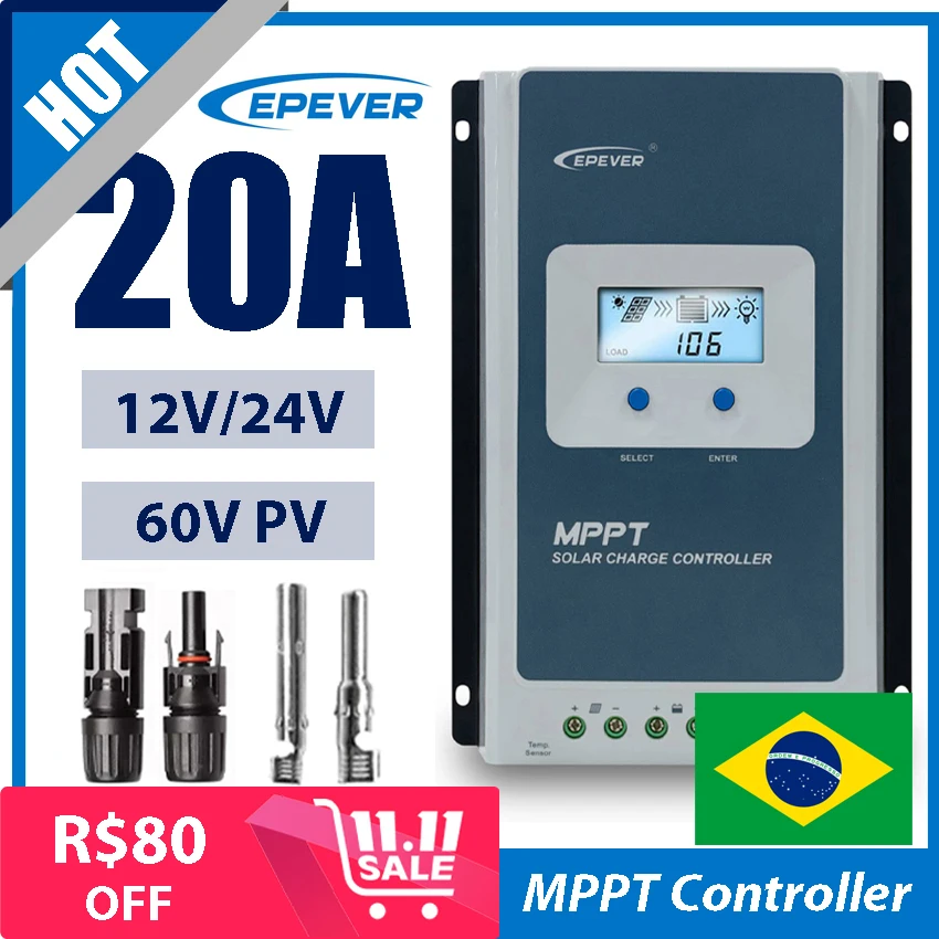 20A MPPT Solar Charge Controller With MC Connector EPEVER Tracer2206AN 12V/24V Battery Auto Identify Max PV 60V