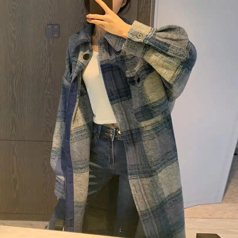 Long Plaid Shirt Coats Women Autumn Oversized Checkered Shirt Female Fashion Vintage Loose Single Breasted Long Cardigans Lady