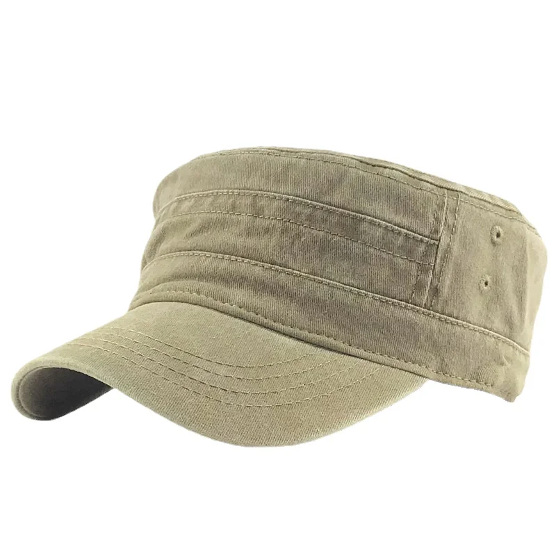 Retro Style Blank Flat Top Captain Cap Men\'s Washed Cotton Military Hats Khaki Navy Green