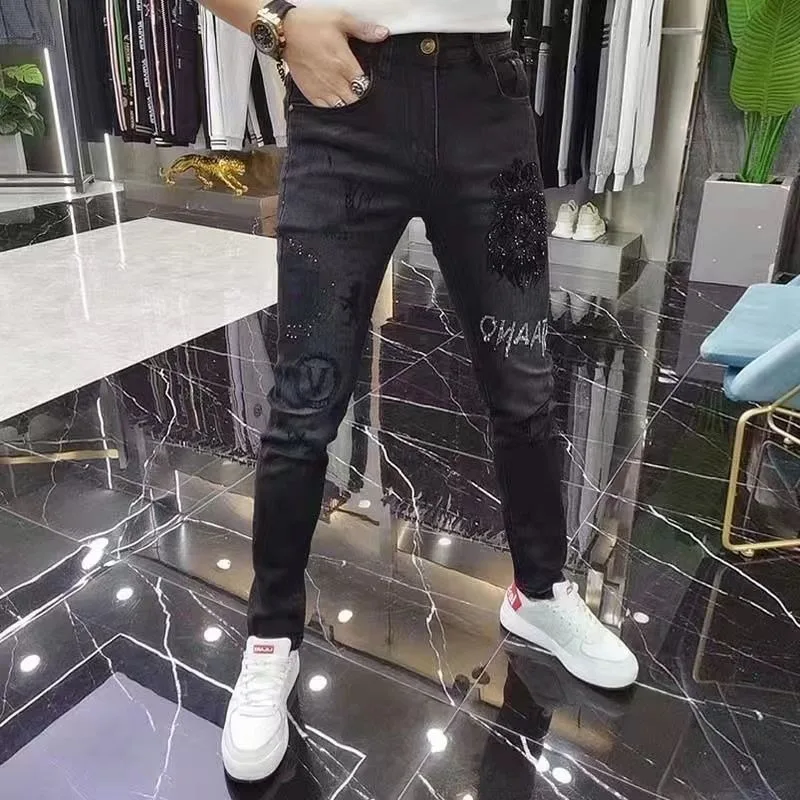 Men's Spring and Autumn Black Jeans Trendy Embroidered Hot Drilling Stretch All-match Slim-fit Handsome Leg Trousers
