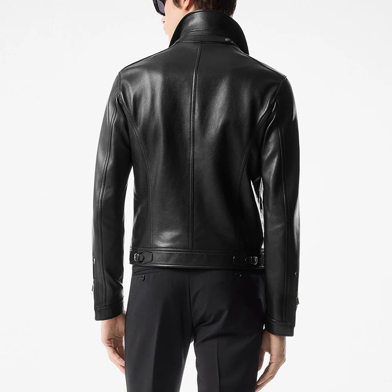 Men's Classic Black Sheep Leather Jacket - British Fashion Custom Calf Leather Spring/Autumn Collar Coat