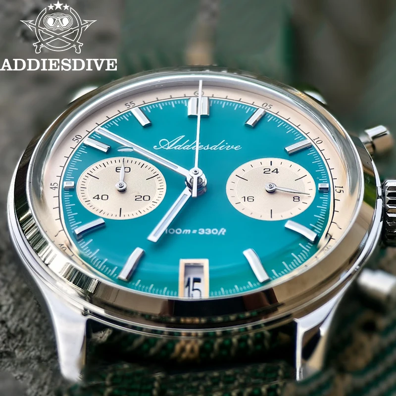 

ADDIESDIVE New Men Watch VK64 Quartz Wristwatch Chronograph 38mm Domed Glass 316L Stainless Steel 100m Waterproof Luminous