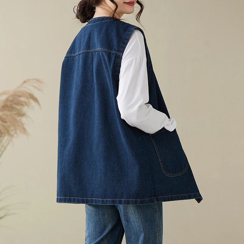 Rompi Denim Kasual Longgar Ukuran Besar Pakaian Kerja Multi-kantong Gaya Jepang Retro untuk Wanita Bentuk Tubuh Pear